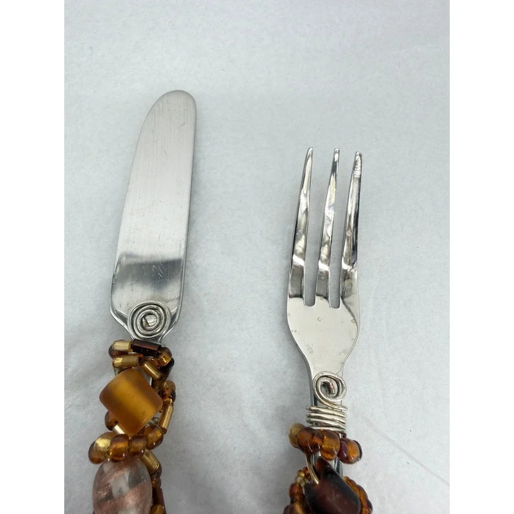 Wire Wrapped Beaded Fork & Knife Appetizer Flatware Set Elegant Tableware Decor
